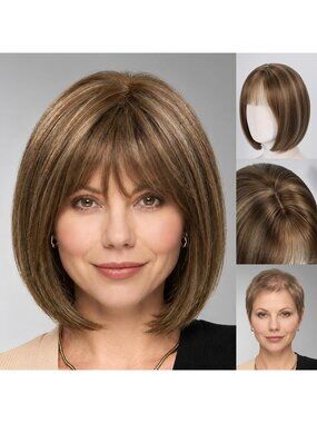 Women's Toasted Brown 12 Inch Heat Resistant Realistic Short Blonde Wig Bangs
